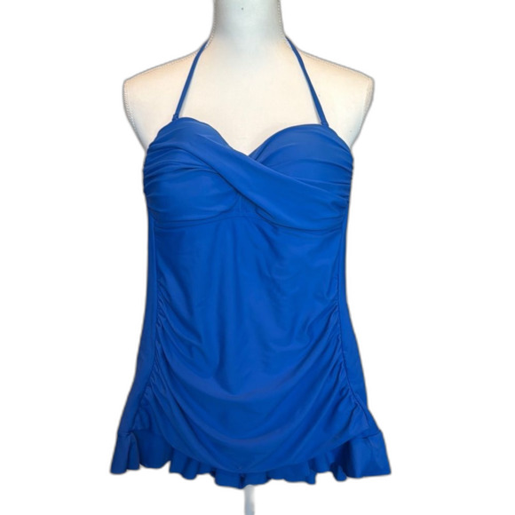 Kenneth Cole Reaction Size 6 Ruffled One Piece Swimsuit Blue Halter Strap - Picture 1 of 8